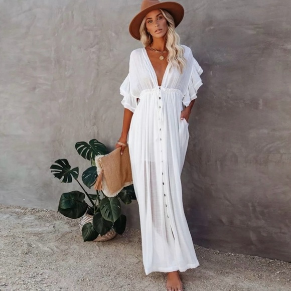 Boho Gauze Maxi Cover Up Flowy Dress White - Picture 4 of 5